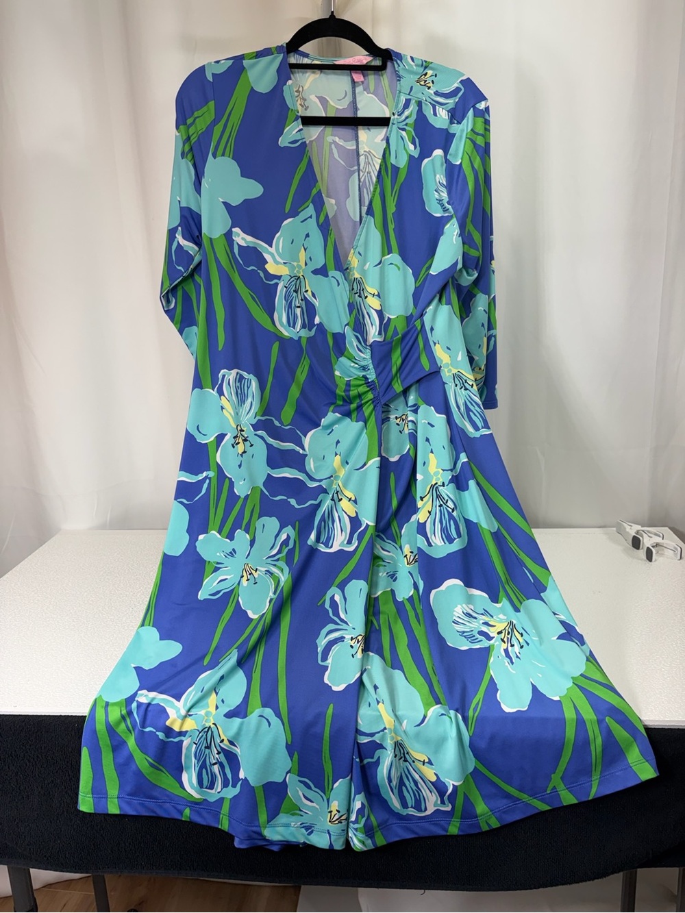 Lilly Pulitzer Royal Blue Floral Wrap Midi Dress with Aqua and Green 4140